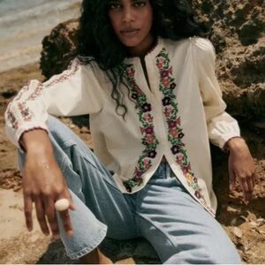 Sezane Sidonia Blouse - Multicolored Embroidery on Ecru